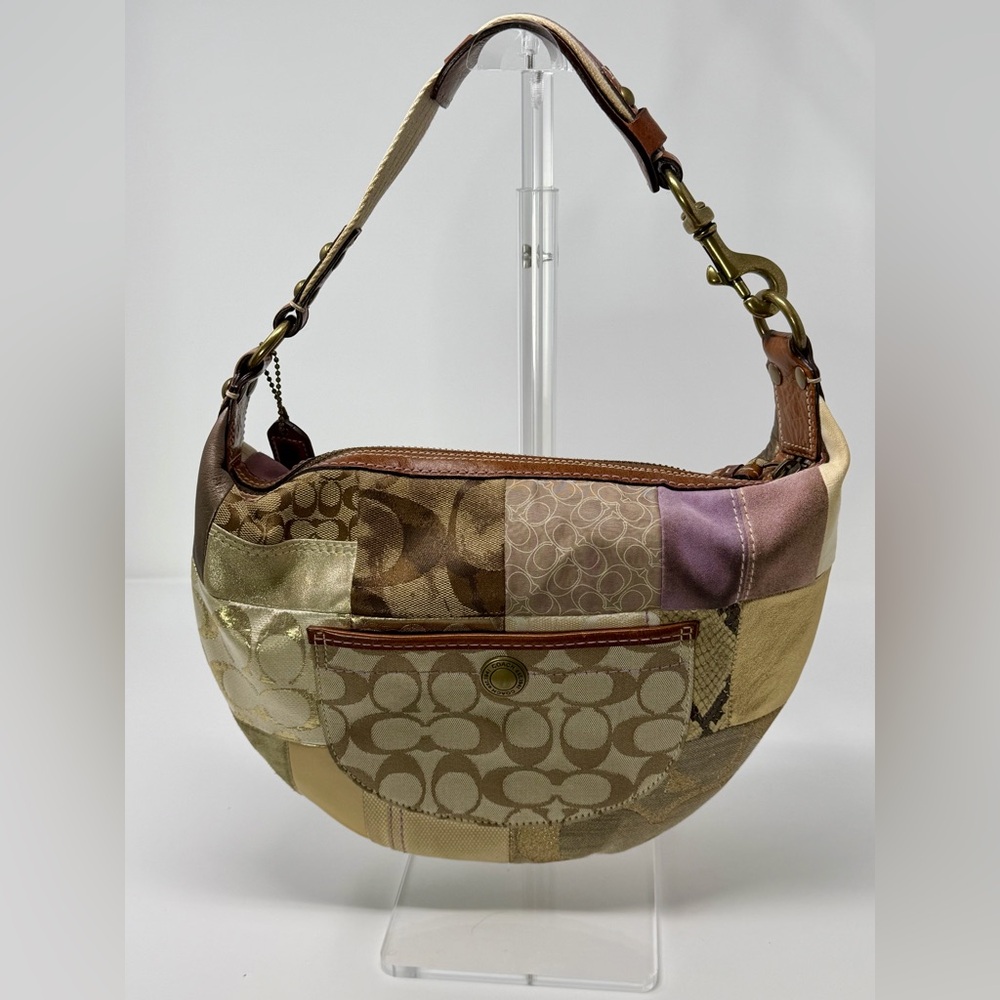 Coach Patchwork Shoulder Bag with Signature Design and Suede & Metallic